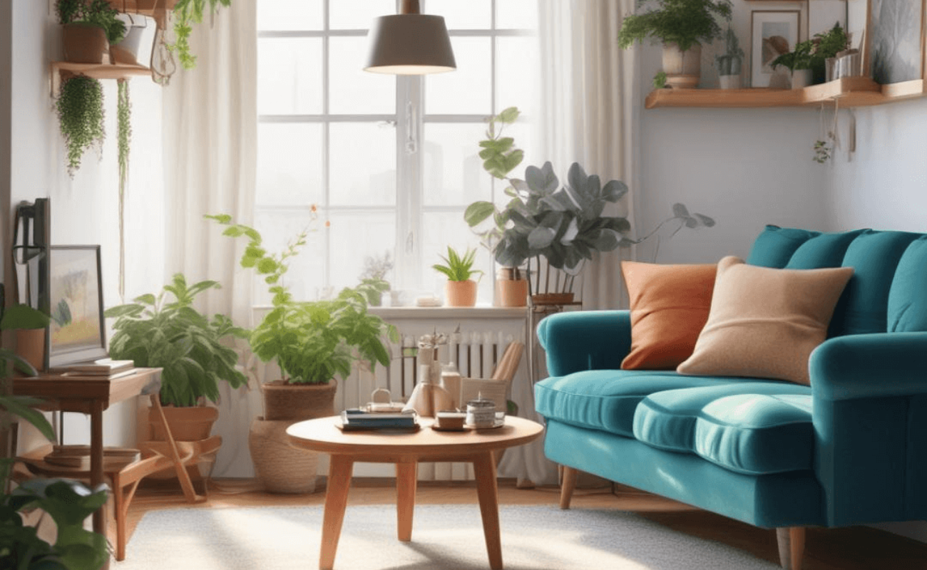 Newat living room with aqua colored couch and orange throw pillows and plants in a big window.