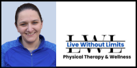 Dr. Katie Perrone Physical Therapist photo and logo fo her busienss Live Without Limits Physical Therapy