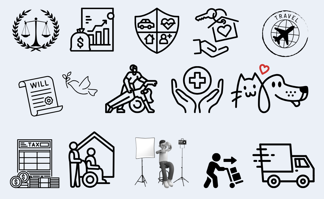 Infographic showing icons of service providers on SoloAgersConnect.com, including legal services, financial planning, insurance, home buying, travel, wills, a dove for final arrangements and burial planning, healthcare, pet care, tax preparation, elder care, photography, and moving assistance.