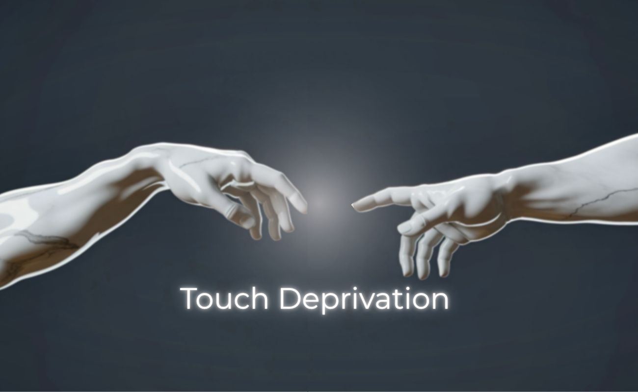 Photo of two bare arms reaching toward each other with finger nearly touching but there is a space in between that keeps them apart. The caption is "Touch Deprivation."