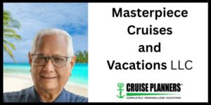 Travel agent Subhash Gupta smiling with a beach behind him and Cruise Planners logo and the words "Masterpiece Cruises and Vacations LLC"