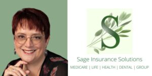 Woman with short red hair and glasses smiling. Next to her is a logo for Sage Insurance Solutions and below it are the words "Medicare, Life, Health, Dental, Group."