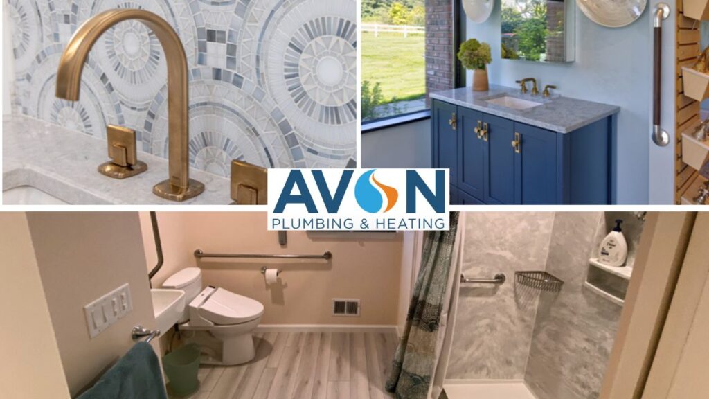 photos of bathroom designs for sinks, toilets with wall grab bars and a shower.