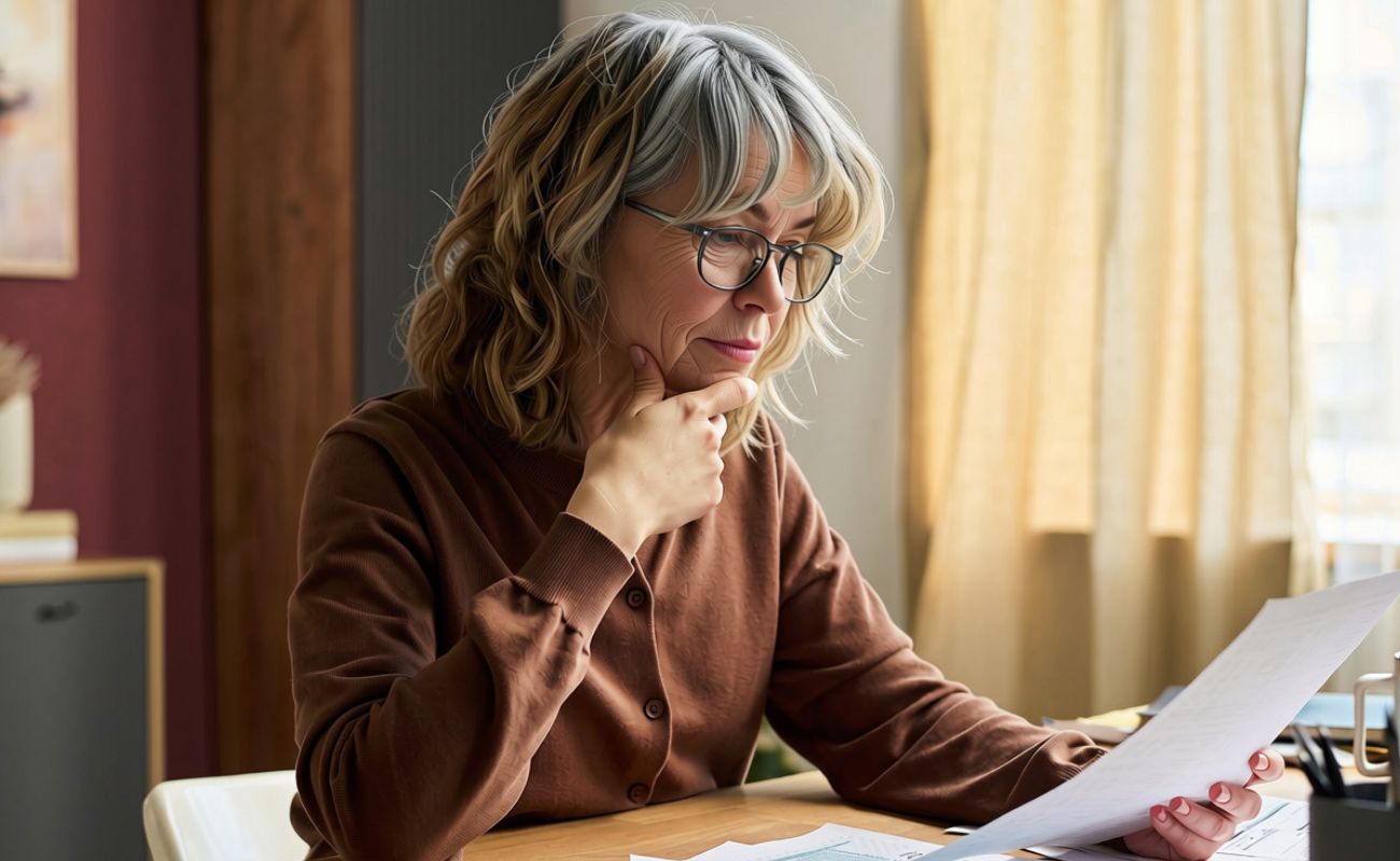 Older woman with glasses sitting at table reviewing paperwork.