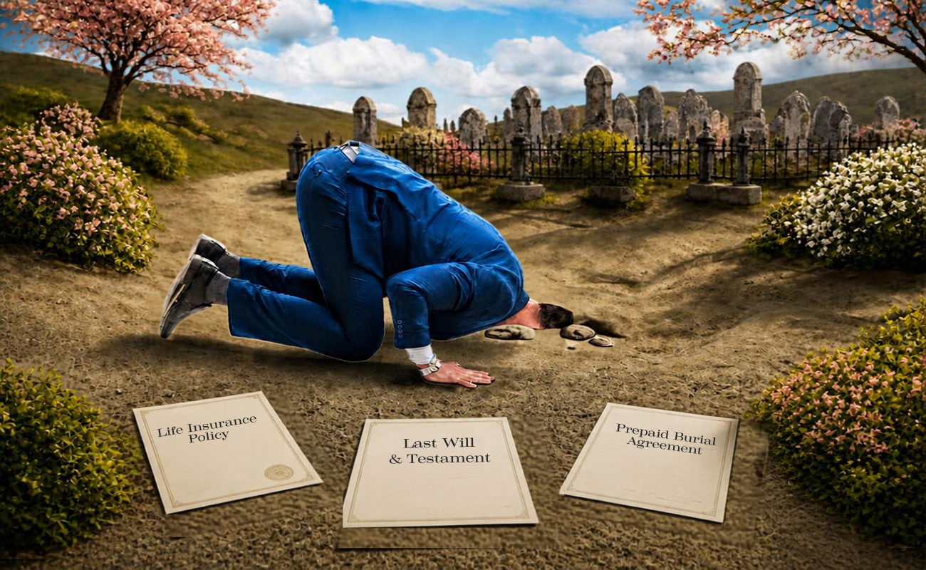 picutre of a man crouching on the ground with this head in a hole to avoid facing a problem. On the ground in front of him are papers for Last Will and Testament, Prepaid burial, and life insurance. In the background is a cemetery.